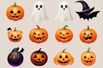 Halloween Pumpkins, Ghosts, and a Bat in a Witch's Hat