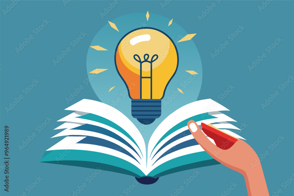 Poster a hand holding a pen above an open book with a glowing light bulb, symbolizing creativity and learni