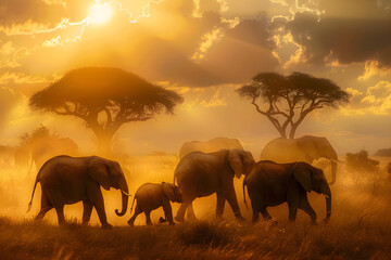 Fototapeta premium A Majestic Journey: Family of Elephants Traversing the Sunlit Savanna Unified in Nature's Grace