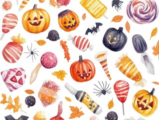 Watercolor Halloween Pattern with Pumpkins, Candy, and Bats
