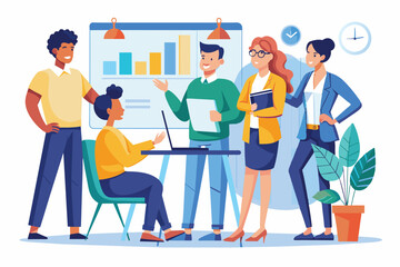 A diverse group of colleagues engaging in a collaborative discussion about data analysis in an office environment