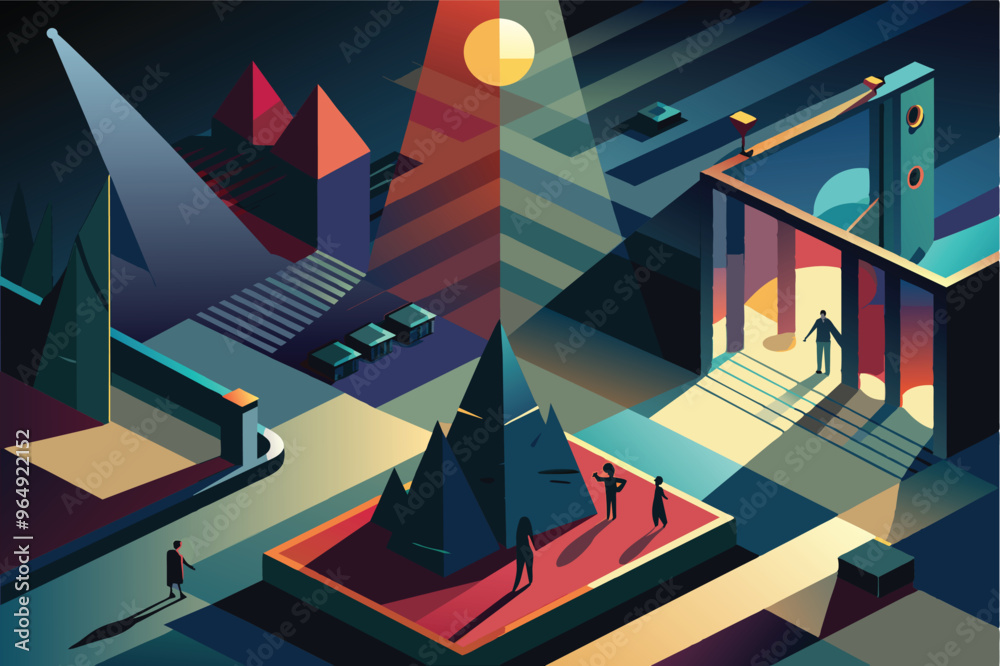 Poster A colorful abstract representation of a geometric landscape featuring structures and figures under varying light conditions and shadows