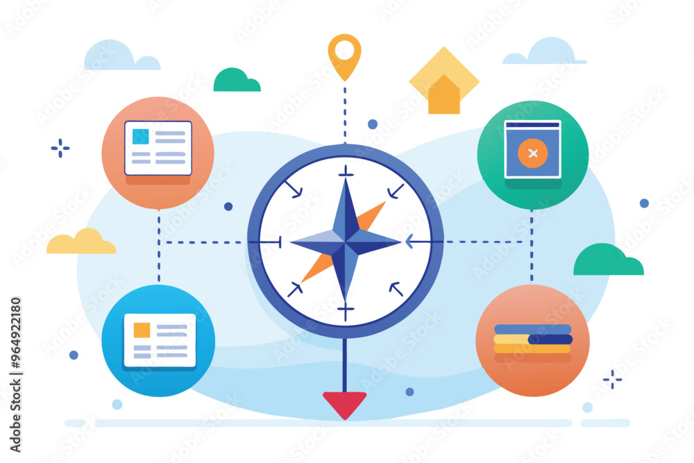 Poster A modern illustration depicting a compass surrounded by various icons representing navigation, documents, and information in a digital setting