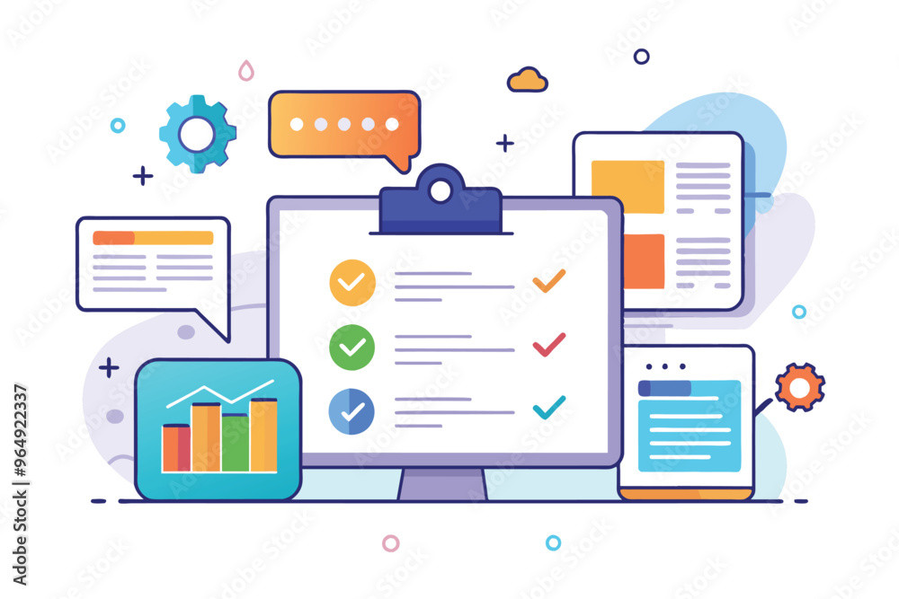 Poster digital workspace illustration showing a computer and various tools for project management and analy