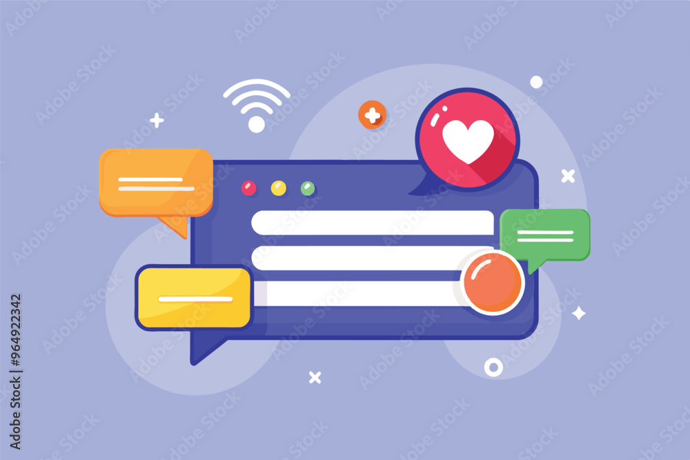 Aufkleber colorful chat bubbles representing online communication with icons and symbols against a light purpl