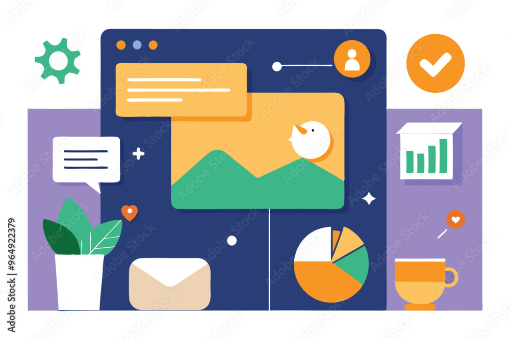 Poster a colorful digital workspace illustrating data analytics with charts, graphs, and elements of user i