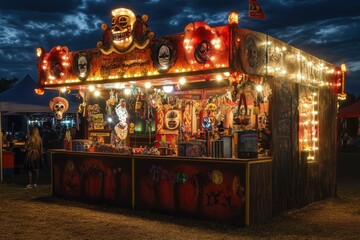 Naklejka premium Eerie Carnival Booth Decorated with Skulls and Lights