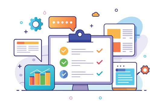 Digital workspace illustration showing a computer and various tools for project management and analytics, emphasizing organization and communication