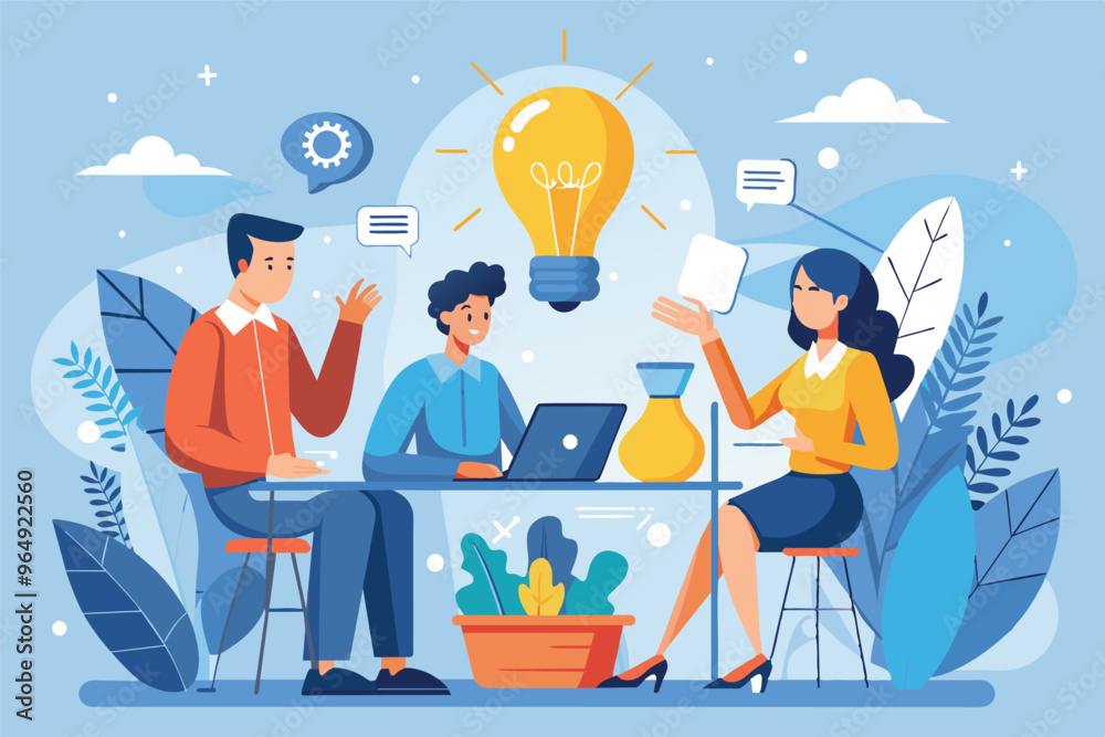 Poster Creative brainstorming session in a modern office setting with three colleagues discussing ideas around a laptop and a light bulb symbolizing innovation