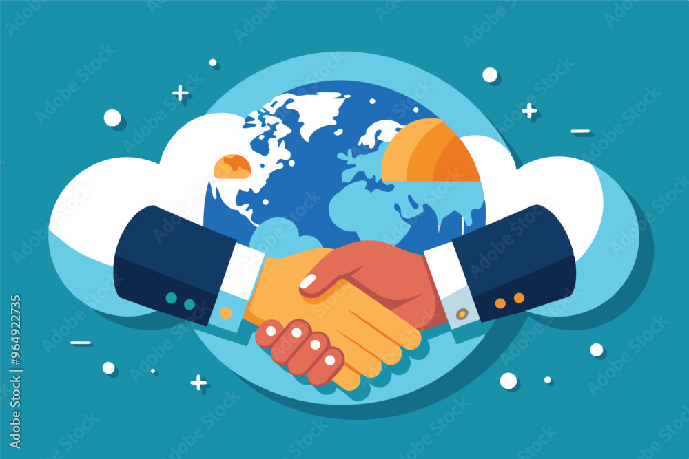 Fototapete hands shake above a vibrant globe illustrating unity and cooperation in a global context with a suns