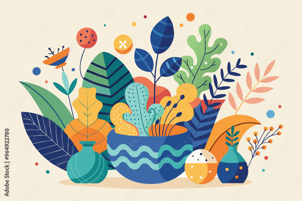 Aufkleber colorful abstract composition of various plants and decorative elements arranged in vibrant vases ag