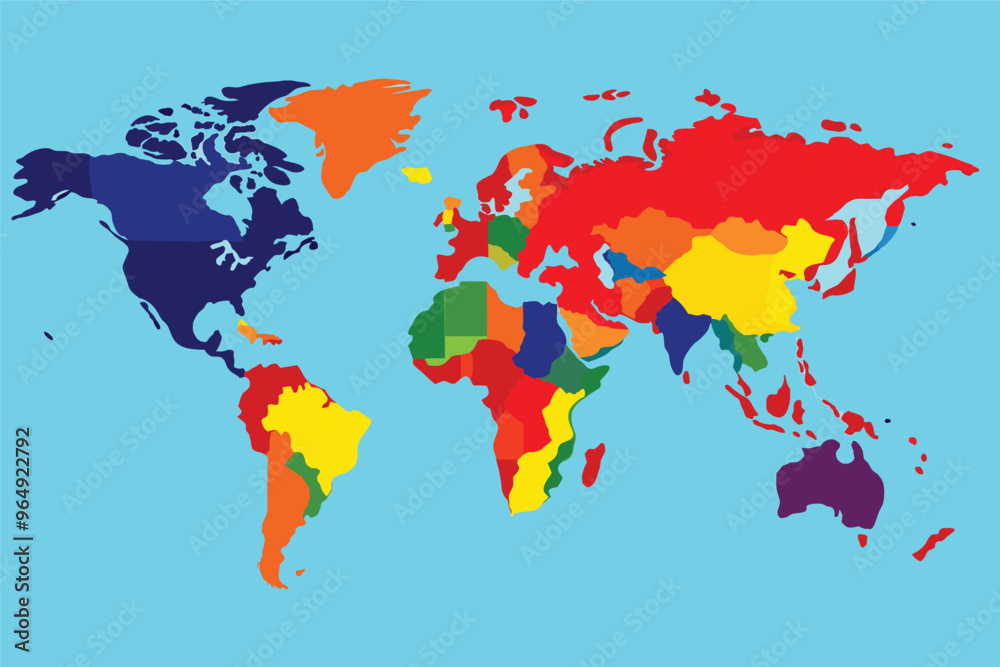 Aufkleber colorful world map depicting geographic regions and continents with distinct colors representing dif