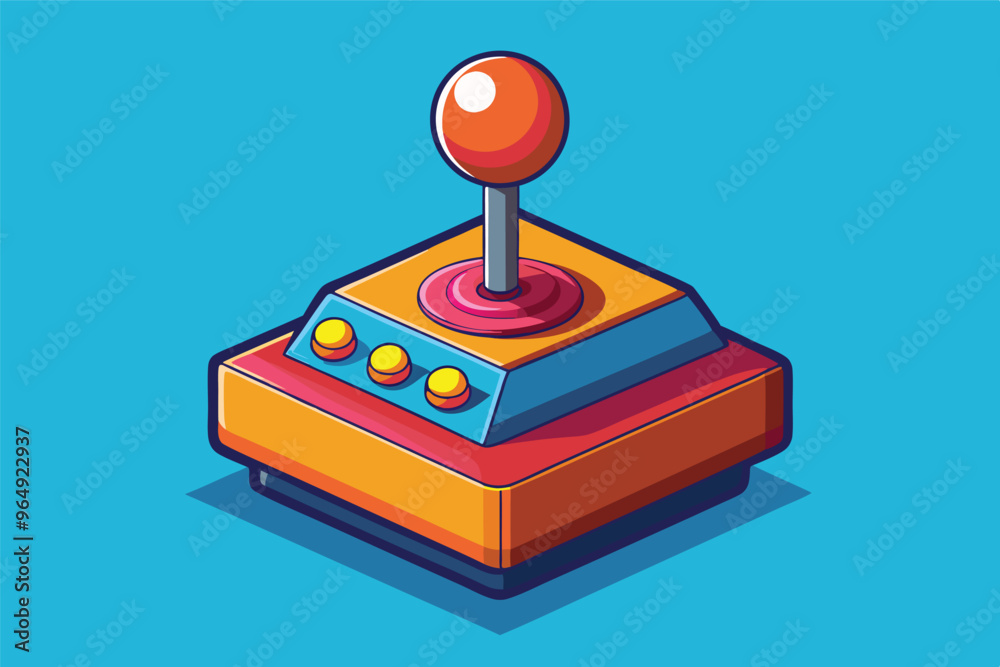 Poster A vibrant arcade joystick sits against a bright blue background, showcasing colorful buttons and a prominent stick designed for retro gaming enthusiasts