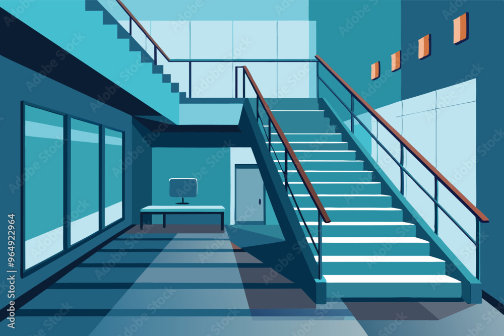 Poster a modern indoor staircase with a minimalist design, featuring large windows that flood the space wit