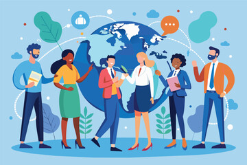 Diverse group of professionals engaging in sustainable development discussions near a globe with environmental elements