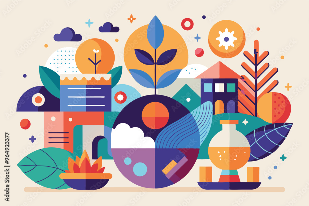 Aufkleber a vibrant and colorful illustration depicting nature-inspired elements, geometric shapes, and variou