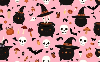 Black cauldrons and skulls on pink background, a cute and spooky Halloween pattern. 
