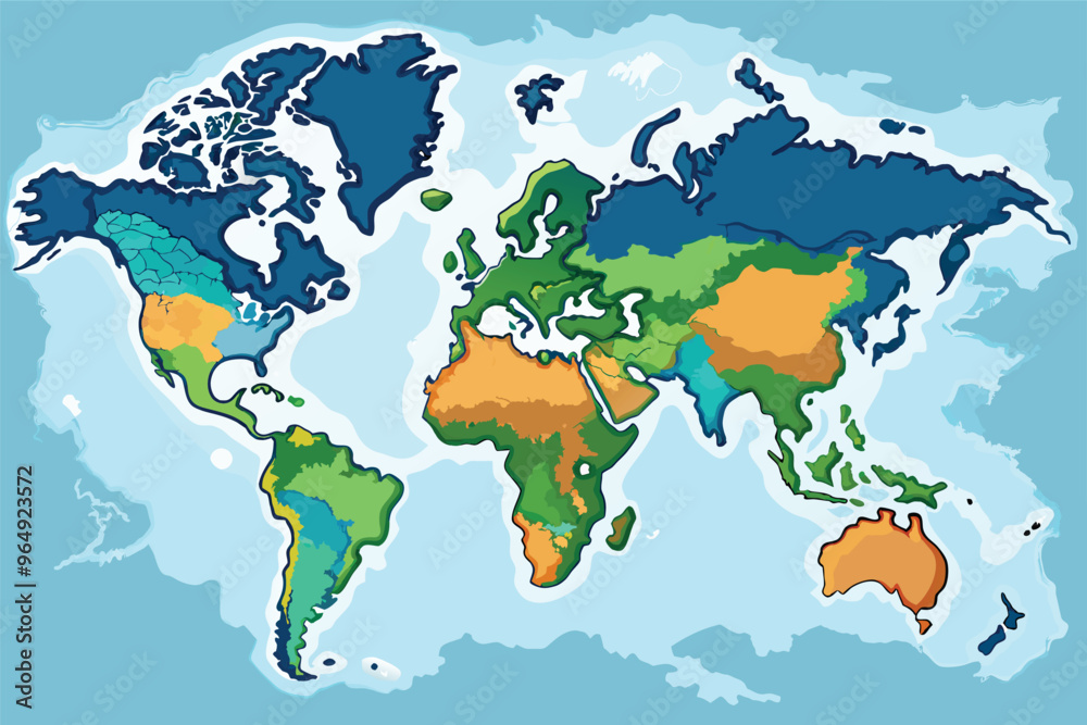 Poster a colorful world map illustrating different geographical regions with varying shades representing cl