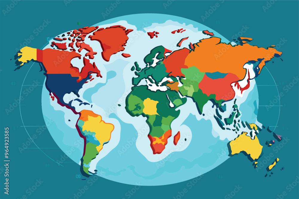 Poster A colorful world map highlighting countries with unique color associations representing geographical and political boundaries for educational purposes