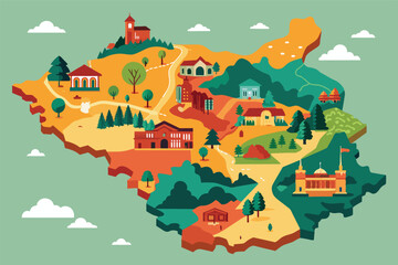 Vibrant illustrated map showcasing distinctive landmarks and regions of a fictional landscape with hills, forests, and buildings, illustrating unique features of the area