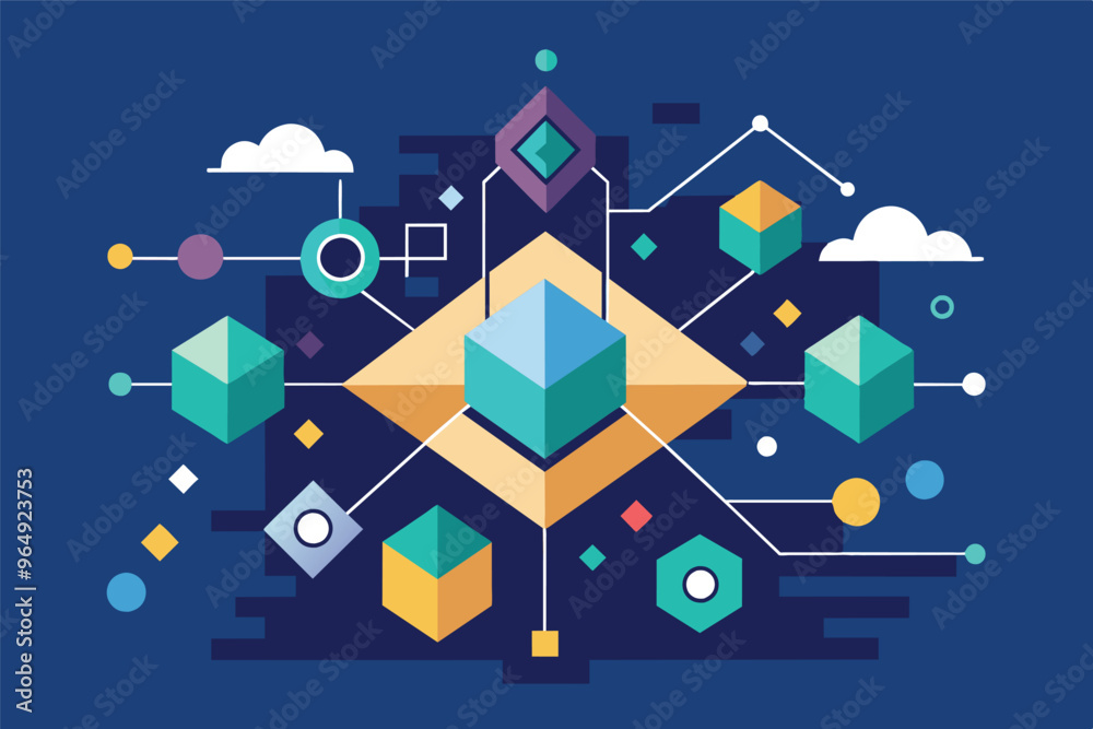 Aufkleber Digital abstract representation of interconnected geometric shapes and colorful elements on a deep blue background enhancing visual complexity in modern design