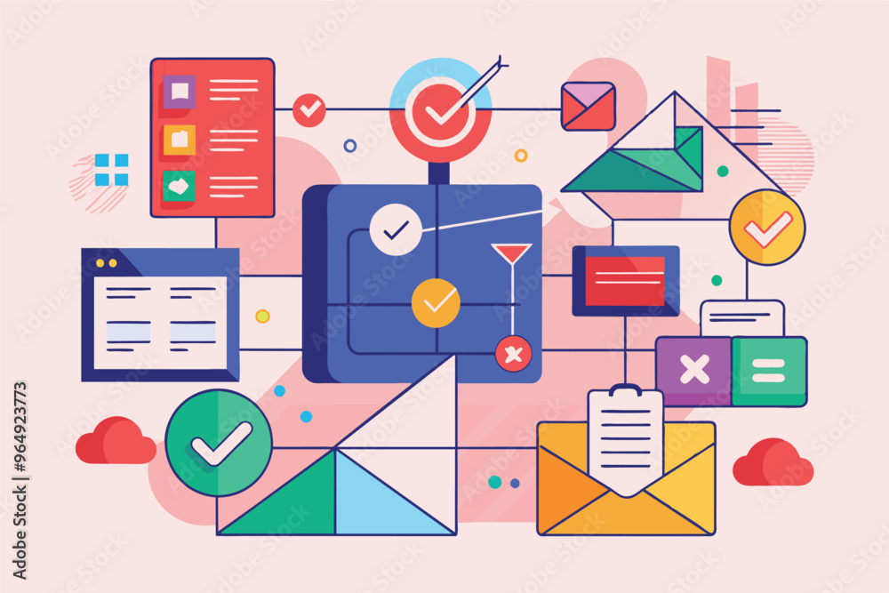 Aufkleber Colorful digital illustration showcasing various email and messaging icons interconnected with checkmarks and task lists, representing communication and productivity in an online workspace