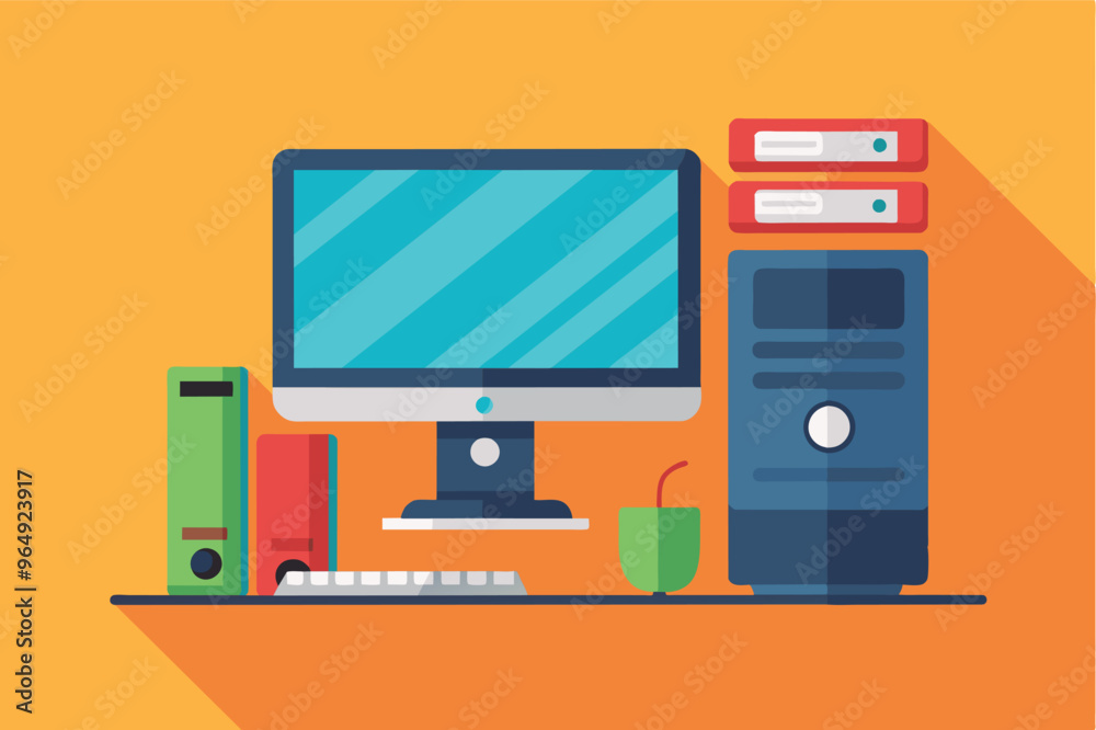 Aufkleber a modern workspace setup featuring a computer, filing cabinets, and folders on a vibrant orange back