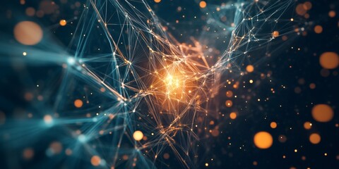 Abstract network of glowing lines and particles with bokeh effect.