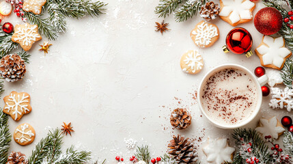 A white background with a white cup of coffee and a plate of cookies