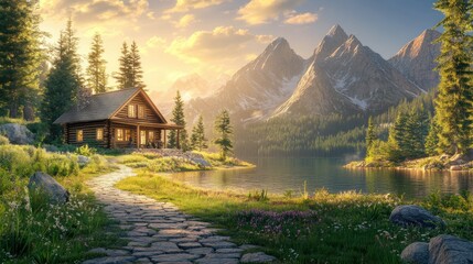 Fototapeta premium The cabin is surrounded by towering pine trees and a vibrant wildflower meadow. A stone path leads to a small, serene lake where the cabin reflects perfectly on the calm water.