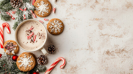 A white mug with a white foam and a cookie with a snowflake on it