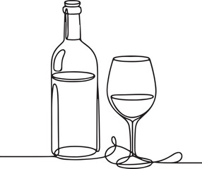 Line Drawing Art Minimalist Bottle, Glass, Wine & Liquor Beverage Illustration