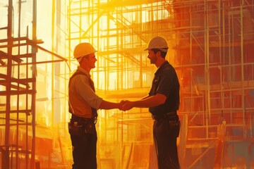 Fototapeta premium Construction workers shaking hands at sunset on site