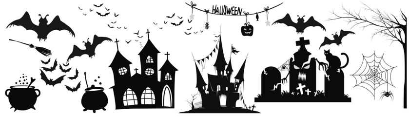 illustration of a silhouette of a tree,bat,house