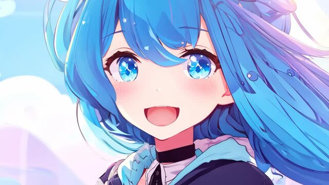 Enjoying a sunny day in the park, a character with blue hair smiles joyfully while surrounded by beautiful clouds and bright scenery