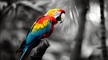 A colorful macaw stands out among a flock of pigeons.