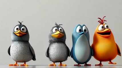 Four animated birds with quirky expressions, showcasing a humorous group of characters

