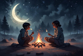 Comic A young Indian couple sitting on the ground under a starry night sky