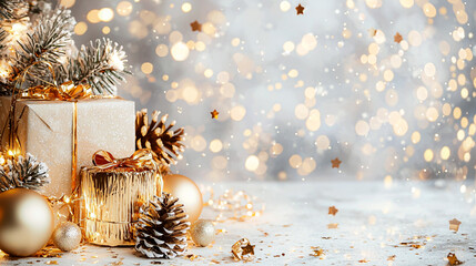 A Christmas scene with a tree, presents, and gold decorations