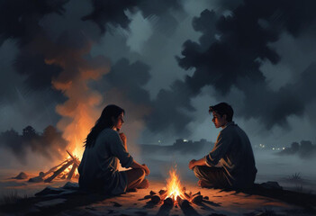 Comic A young Indian couple sitting on the ground under a starry night sky