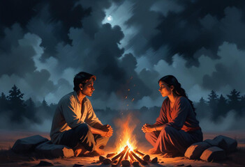 Comic A young Indian couple sitting on the ground under a starry night sky