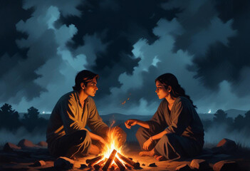 Comic A young Indian couple sitting on the ground under a starry night sky