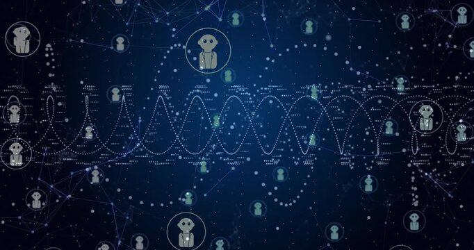 Animation of network of connections over robot icons on blue background