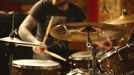 Naklejka premium A drummer plays a cymbal in a close up shot.
