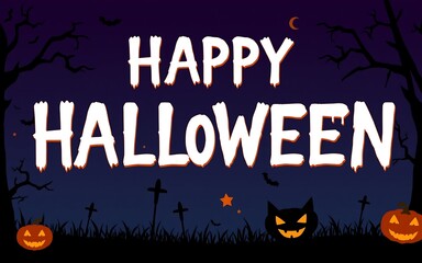 A spooky Halloween greeting with orange pumpkins and a black cat against a dark blue night sky. 
