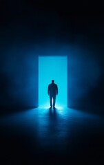 Fototapeta premium A mysterious figure stands in a doorway, bathed in blue light, evoking a sense of intrigue and the unknown.