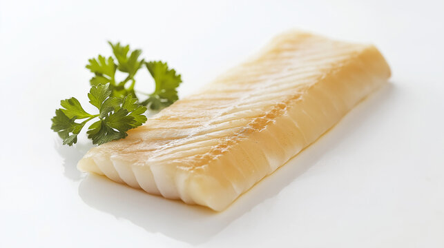 a smoked haddock fillet with a golden hue and a sprig of parsley against an isolated white background