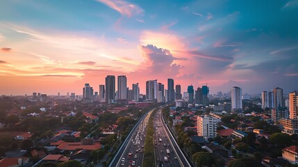 Fototapeta premium A city skyline at sunset.