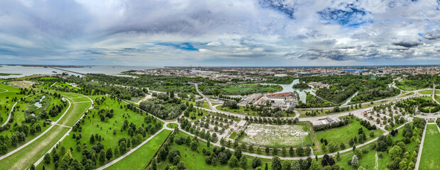 Aerial view of Forte Marghera, Mestre and connecting road to Venice over the lagoon