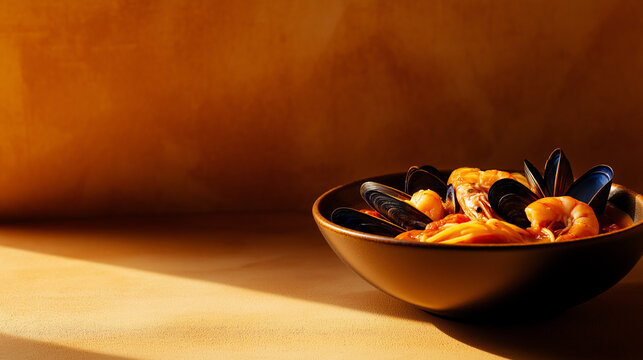 fregola with seafood with mussels, shrimp, and calamari in a tomato broth against an isolated warm-toned background